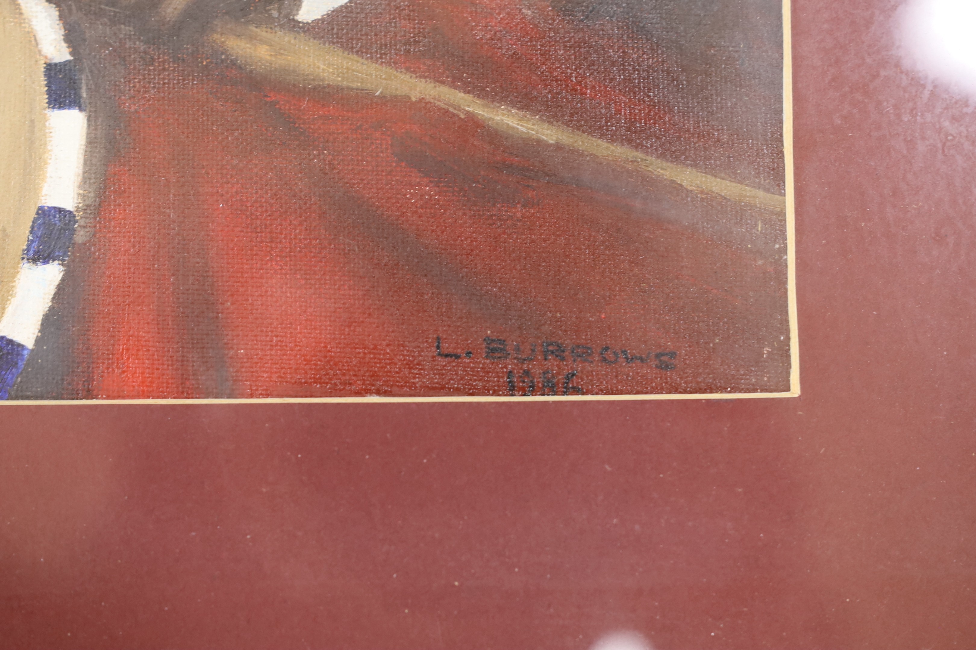 L. Burrows, oil on board, ‘Spotted Tail’ portrait of a Native American gent. Signed and dated 1986, 38x29cm
